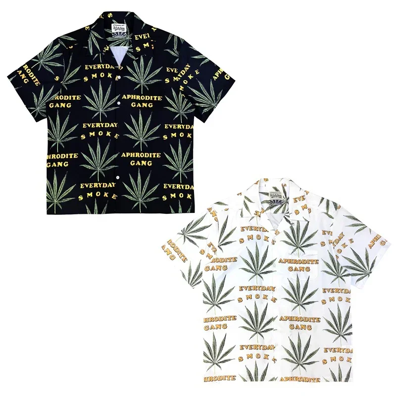 

WACKO MARIA Lapel Short Sleeve Polyester Tree Leaf Printing Breathable Oversize Black White Thin Button Men Women Shirt TEE 2023