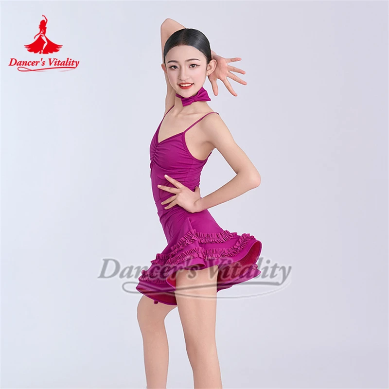 Kinderen en adolescenten Paars-rode Sling Tops + Bouffant Rok Danspak Latin Dance Training Kleding Danser Vitaliteit
