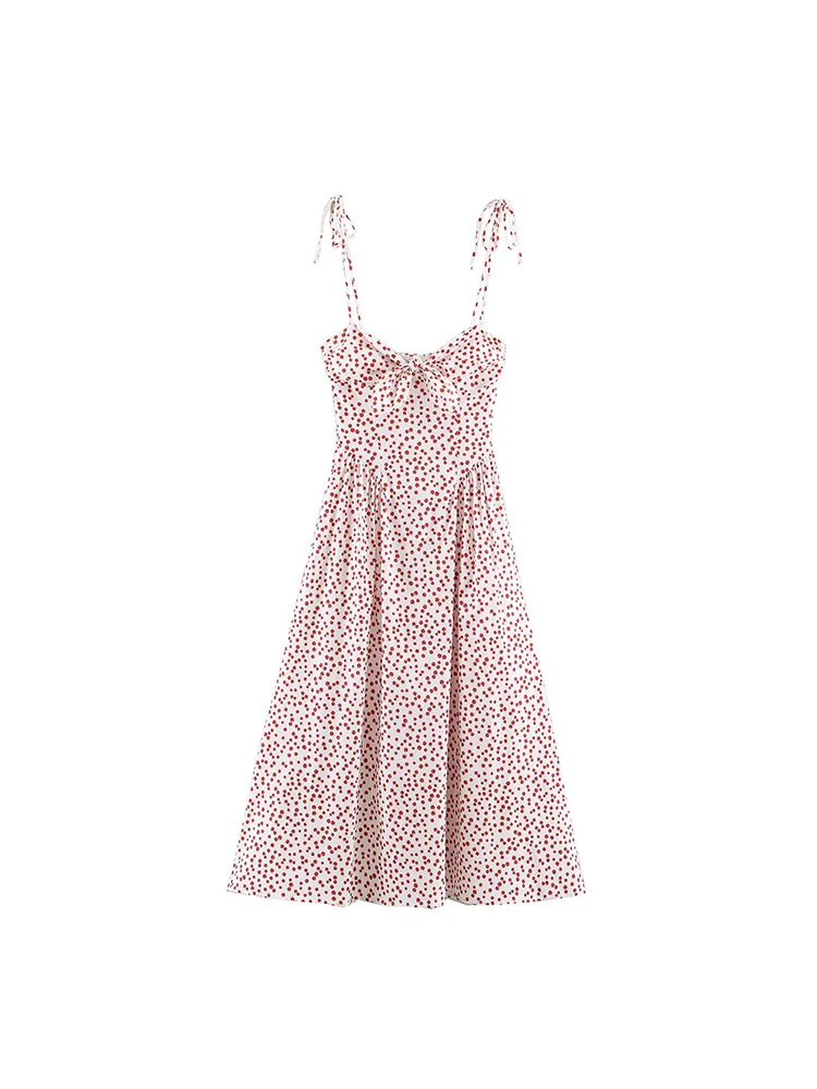 TFMLN Women Print Bow Sling Dress Slim Waist Midi Retro French Style Dresses Casual Sleeveless Beach Street Summer Robe