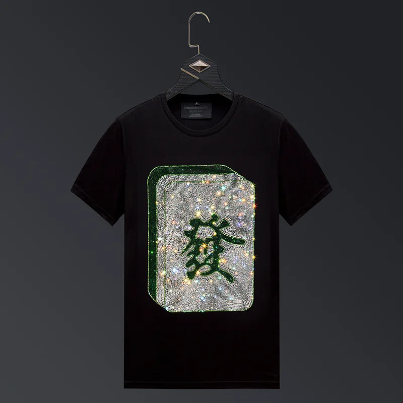 

Rhinestone Premium T Shirt For Men Short Sleeve Chinese Elements Summer Quality Cotton Blends Casual Elastic Camisetas De Hombre