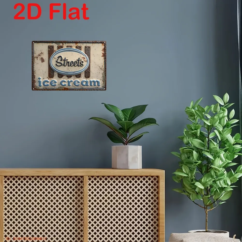لافتة مسطحة ثنائية الأبعاد، قطعة واحدة من لافتة صالون الآيس كريم العتيقة - لوحة معدنية على طراز عشاء 50s/60s مع حروف فيروزية - حديد عالي التحمل