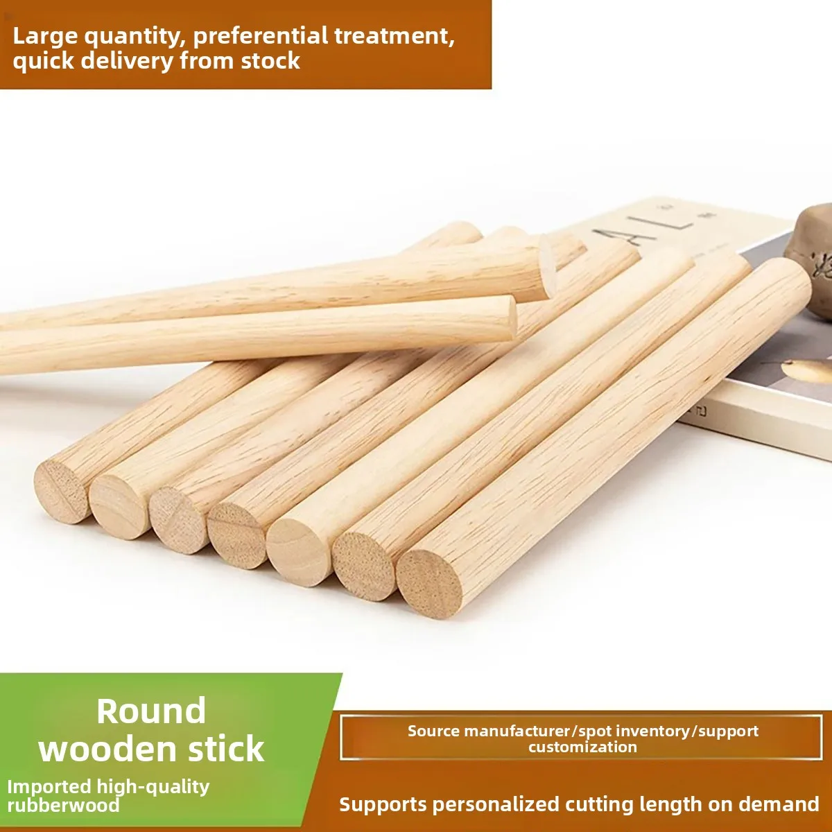 Factory Natural Rubberwood Round Dowel Stick, Raw Wood Color Solid Wooden Rod, Dia 3-60mm for Scene Model DIY Craft, Custom Cut