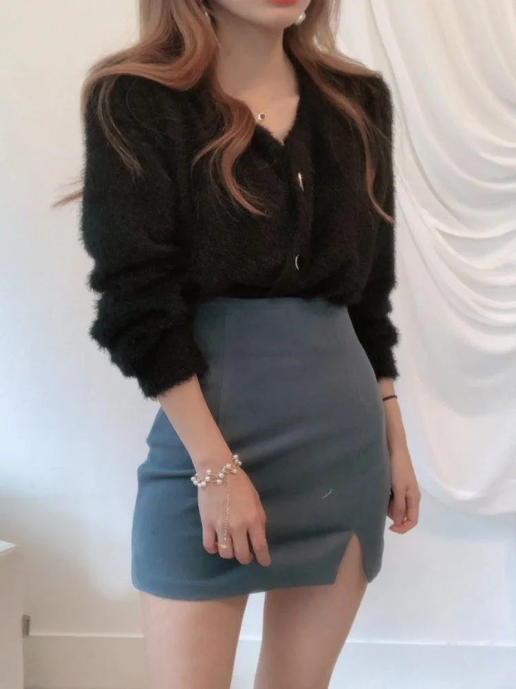 Chic Autumnal Soft Purple V-Ne Ele Heart Button Mink Knitted Open Cardigan Sweater Outerwear Faionable Commute