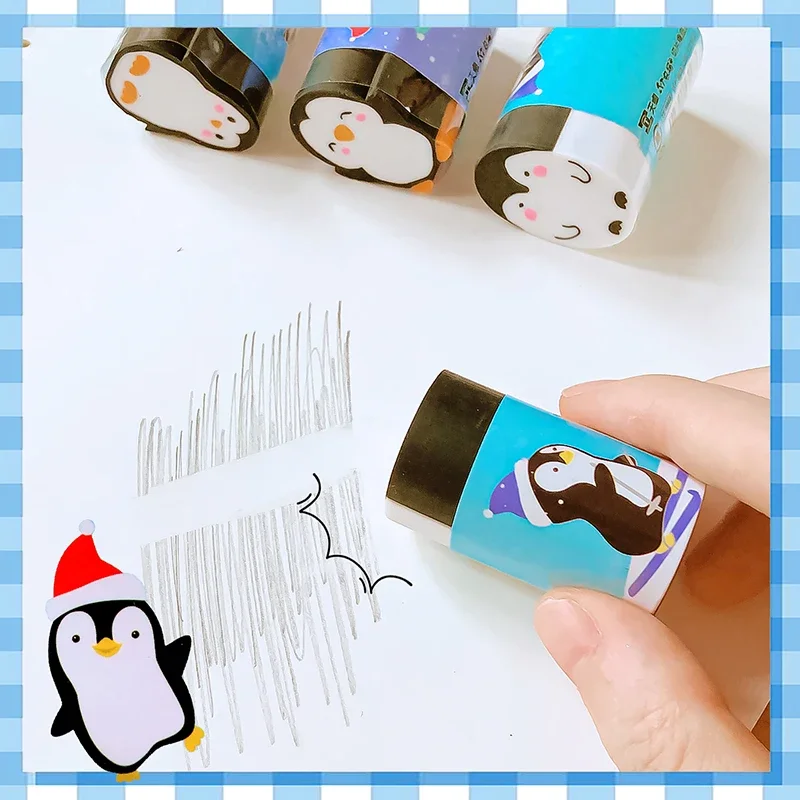 Borrador de lápiz rebanable con forma de pingüino lindo, suministros Kawaii para estudiantes, papelería escolar, suministros de oficina, regalo para