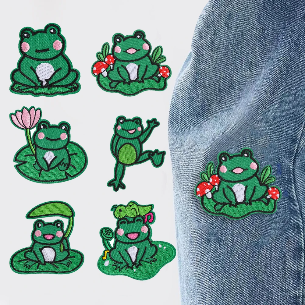 

6PCS Fun Animals Style Patches Green The Life of Frogs Embroidered DIY Clothes Stickers Badges Cute Parches Iron on For Applique