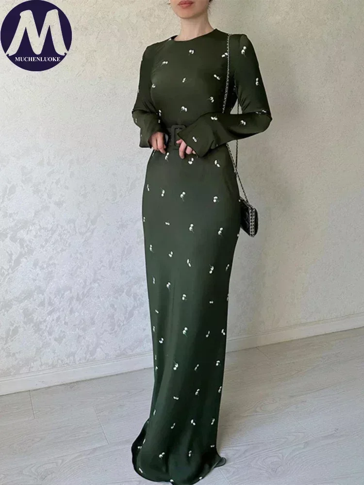 Elegant and Pretty Women\'s Dresses Autumn Winter New Printing O Neck Long Dress Korean Fashion Slim Fit Long Sleeve A-line Dress