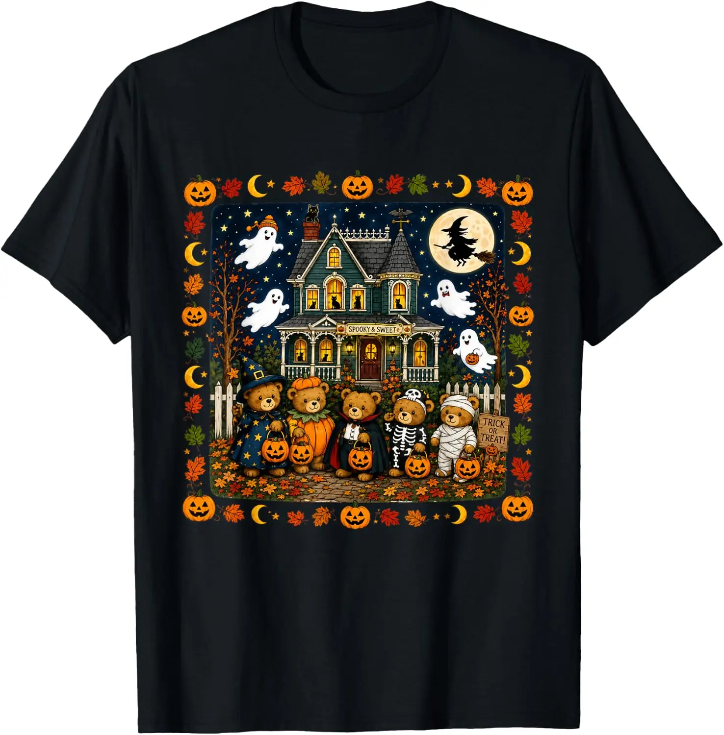Cute Halloween Teddy Bears House Graphic T-Shirt Men Women Unisex Novelty Graphic T‑Shirt, Classic Crew Neck 100% Cotton Tee, Lightweight Anti‑Pilling Breathable Casual Tops, Year‑Round Daily Outfit, Holiday Birthday Present Tee