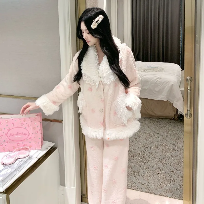New Women's Flannel Pajamas Set Autumn Winter Warm Thick Coral Fleece Loungewear Pink Cozy Comfortable Sweet Cute XL Size Girl
