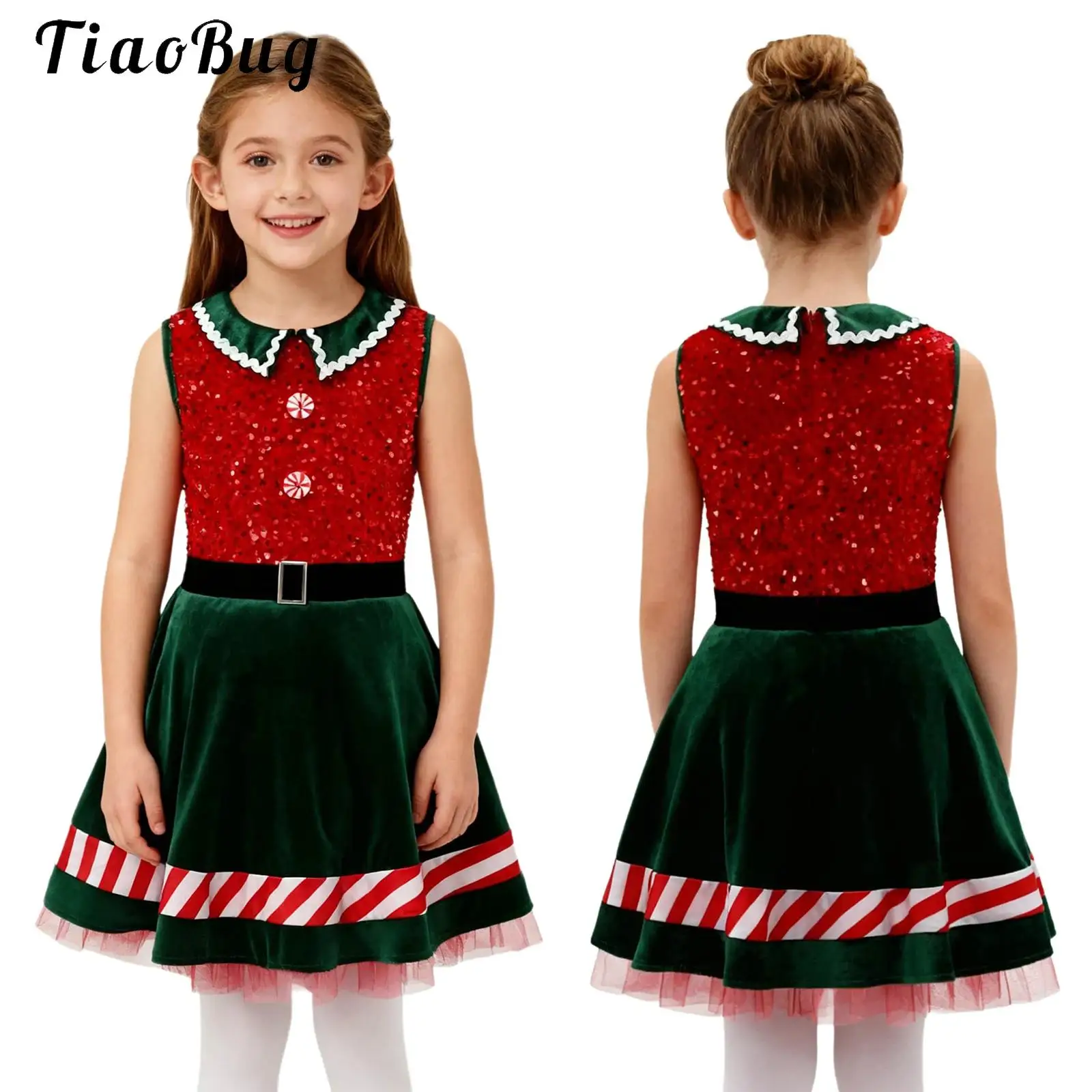 Girls Christmas Dance Dress Sequins Sleeveless Candy Cane Stripes Costume Xmas New Year Carnival Party Santa Sweetie Dancewear