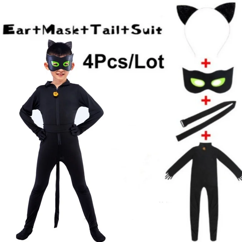 Anime Animal Miraculous NoirS Cosplay Costume Boy Black Cat Cute jumpsuit Children Halloween Performance Clothes Suit