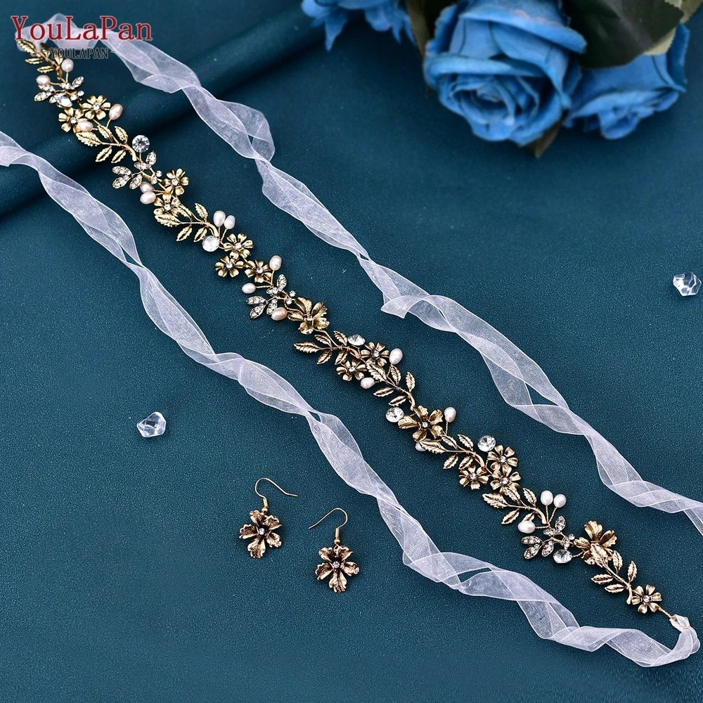 YouLaPan diadema nupcial de cristal para mujer, tocado de perlas doradas, tocado de flores de aleación, joyería para el cabello, accesorios para el cabello, HP355