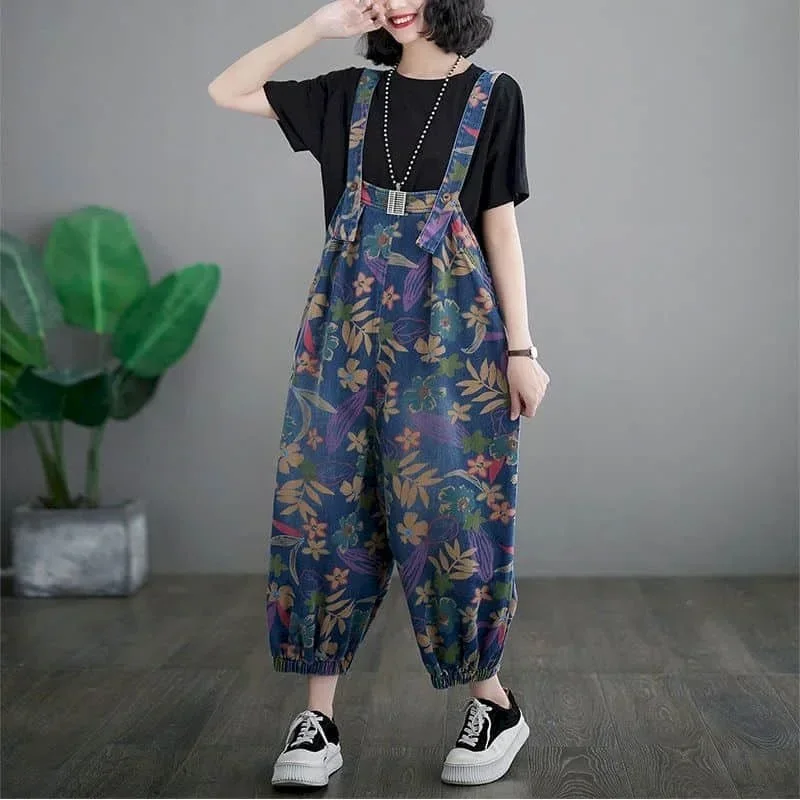 

Pop Floral Denim Jumpsuits For Women Oversized Playsuit Denim Pants Loose High Waist Trousers Overalls For Women Clothes One-pie