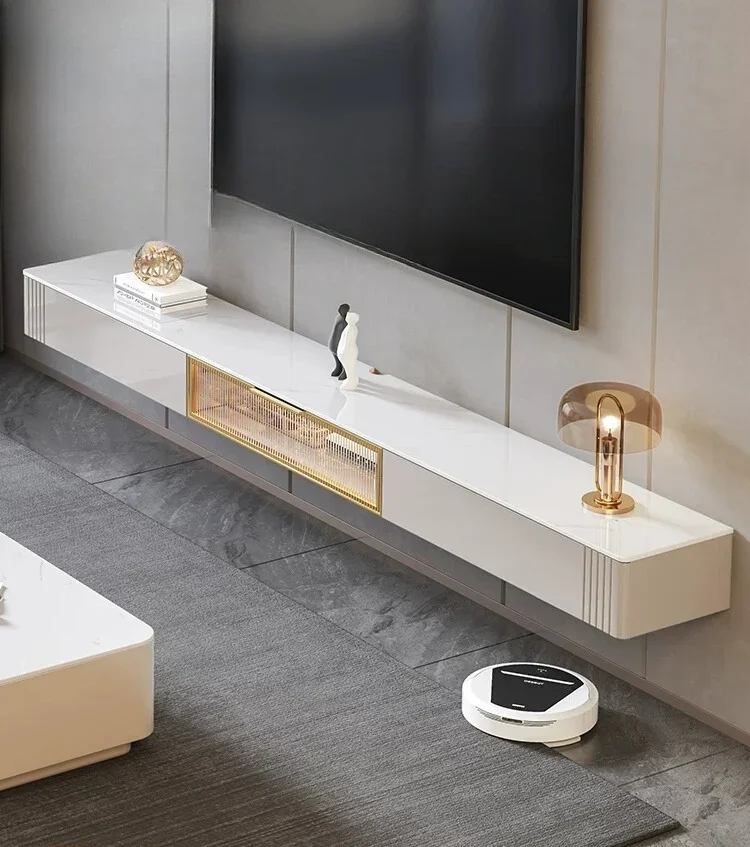 Suspended suspended TV cabinet coffee table combination simple modern living room light luxury rock slab solid wood wall hanging