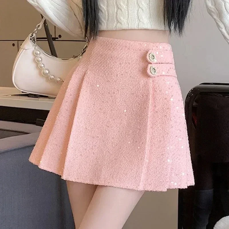 Women Tweed Skirts Fashion Pencil Bodycon High Waist Skirts Vintage  Autumn Winter Slim Korean Elegant Short Mini pleated Skirt