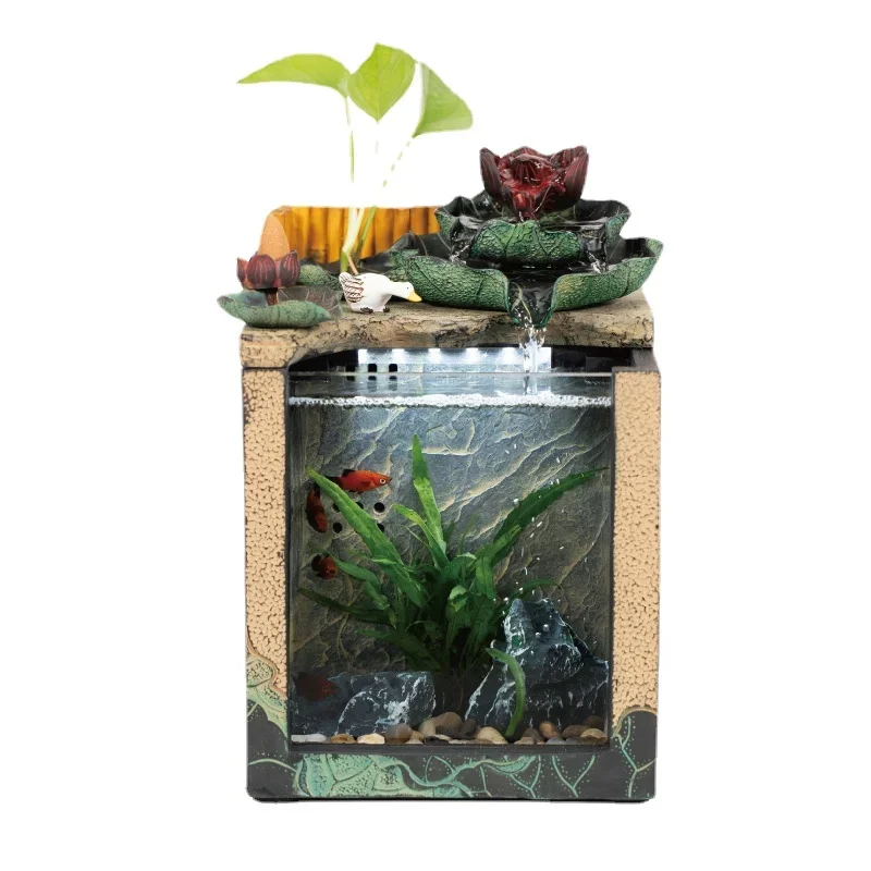 

Pqf Small Fish Tank Landscape Desk Flowing Water Ornaments Circulating Water Office Tea Table Landscape