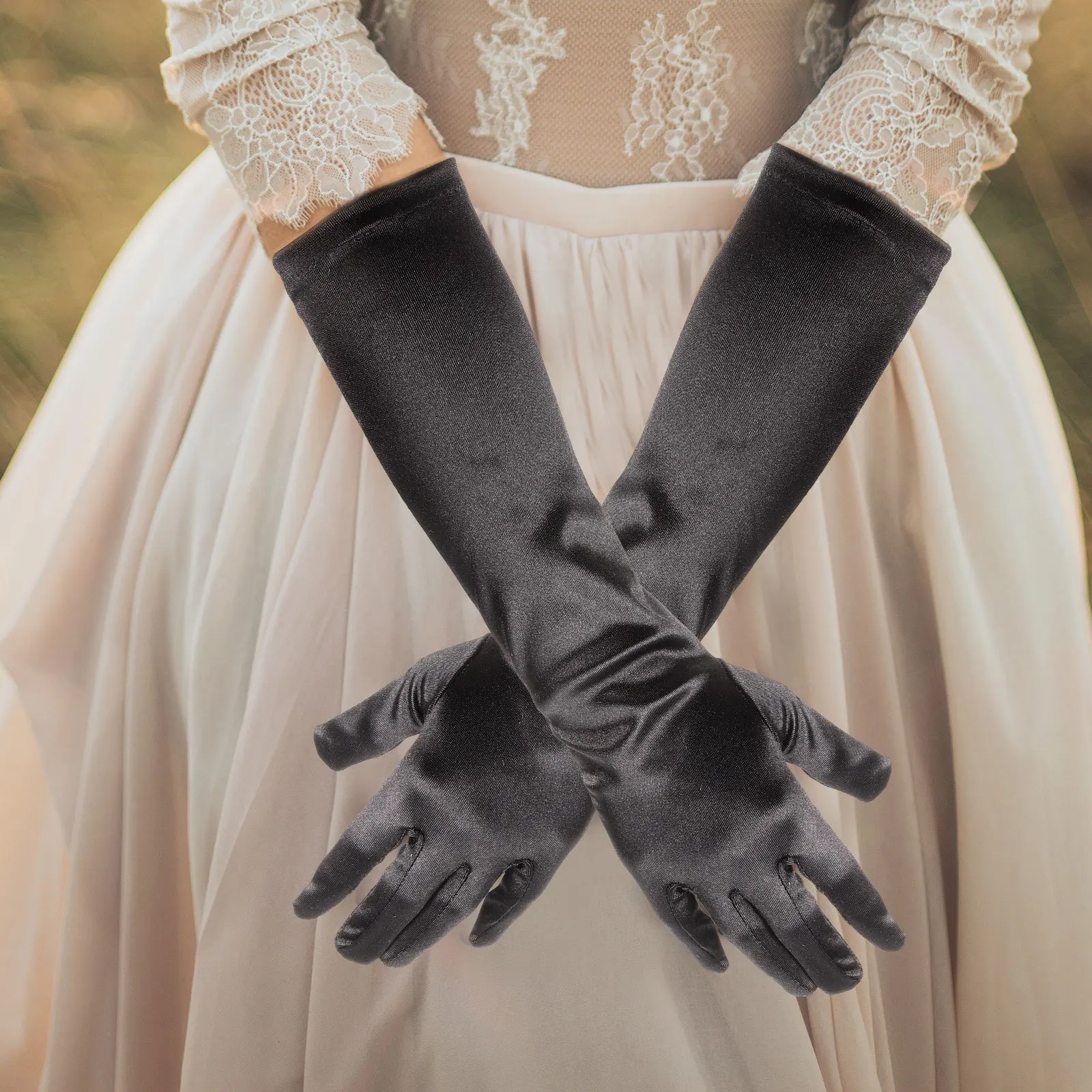 2 pares luvas de cetim preto feminino elástico festa de casamento banquete chá funeral luvas de noiva estilo clássico