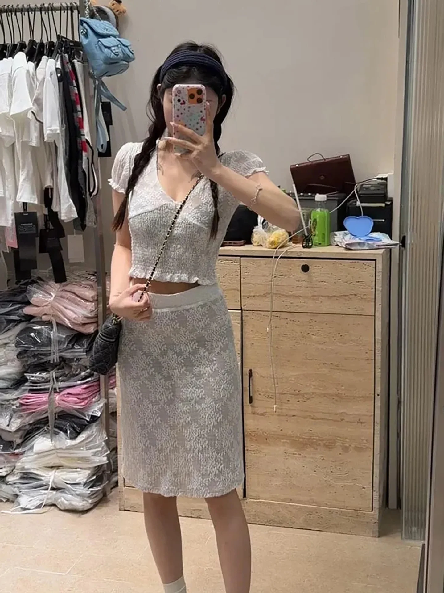 

Summer 2026 New Lace Embroidery Short Sleeve Top And High Waist Skirt Two Piece Set Women Pure Desire Fashion Elegant Style