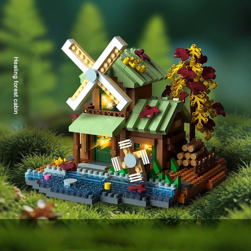 クリエイティブシティストリートビュー森の家ミニブロックキャビンヴィラ街並み建設キットビルディングレンガのおもちゃライト付き