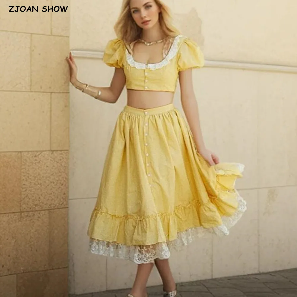 

2025 Light Yellow Plaid Spliced Lace neck Short Puff Sleeve Tank Top +Women Open Buttons Swing Long Cake Skirt 2 Pieces 1 Set