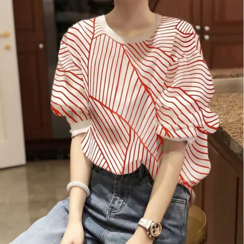 Red Striped Shirt Tops Women\'s Summer New Thin Short Sleeve Loose Fashion Printing All-match Blouse Vintage Casual Clothing