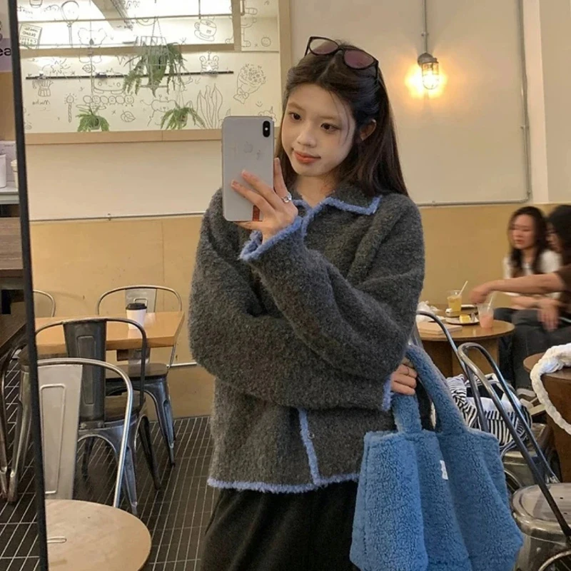 Cardigan ample et élégant pour femme, pull, veste tricotée rétro, couleur contrastée, Style revers, vêtements décontractés, nouvelle collection automne et hiver