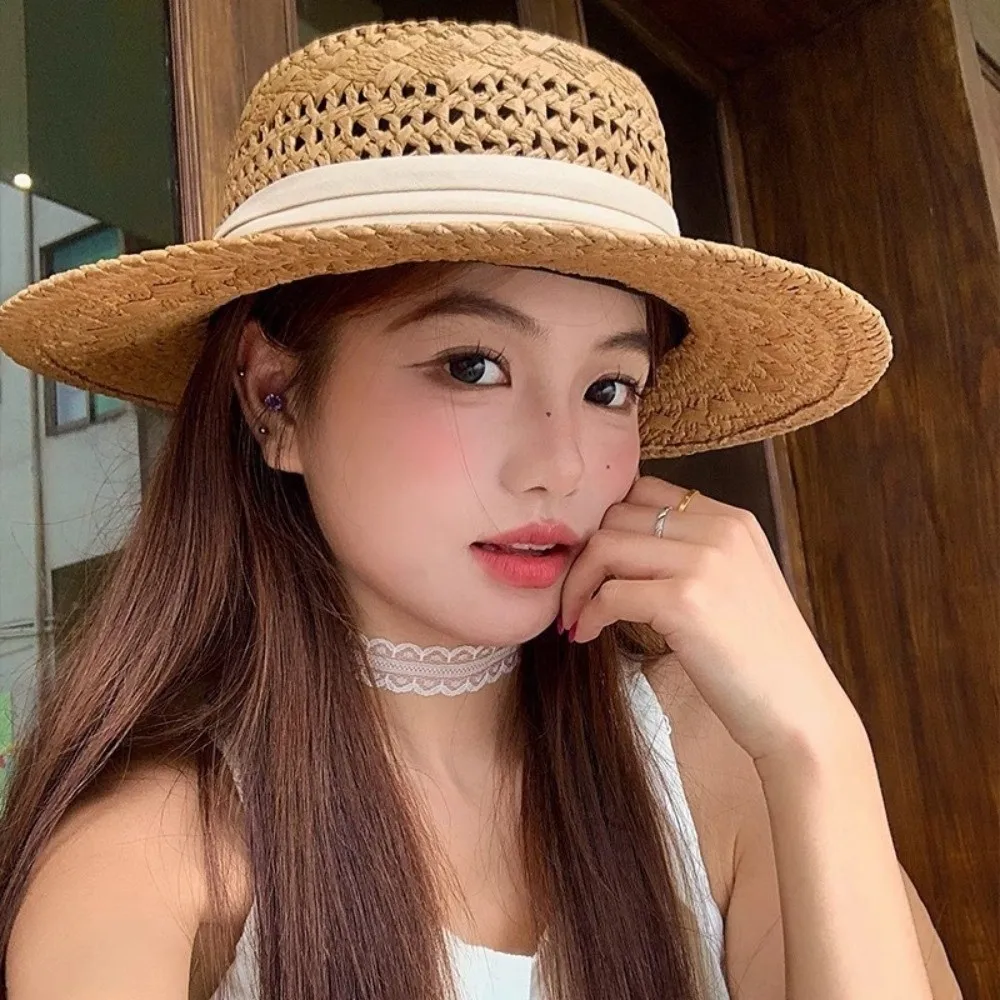 

Vintage Wide Brim Hollow Straw Hat Sunscreen Cloth Buckle Western Cowboy Hat French Style Panama Hat Visor Cap Vacation