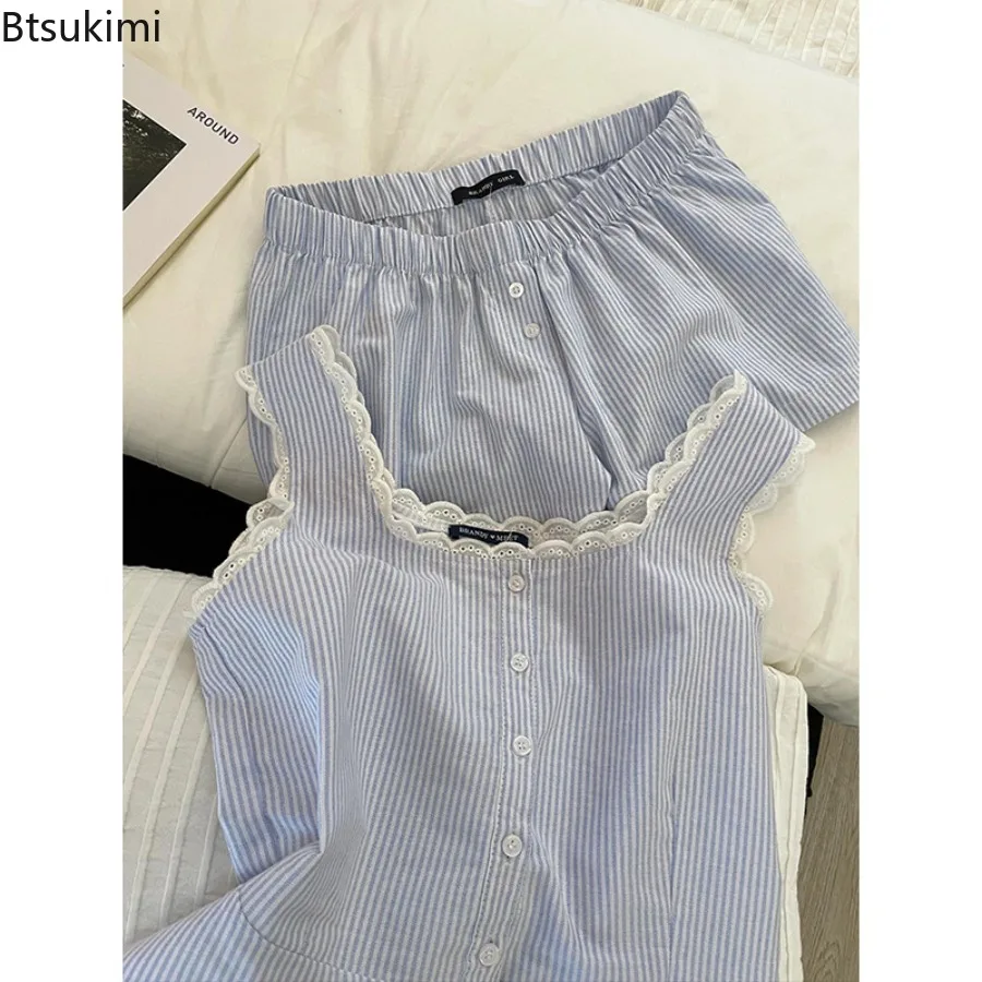 Women's Fashion Lace Striped Pajamas Blue Suit Sleeveless Nightwear Single Breasted Pajamas and Shorts Two Piece Set for Women