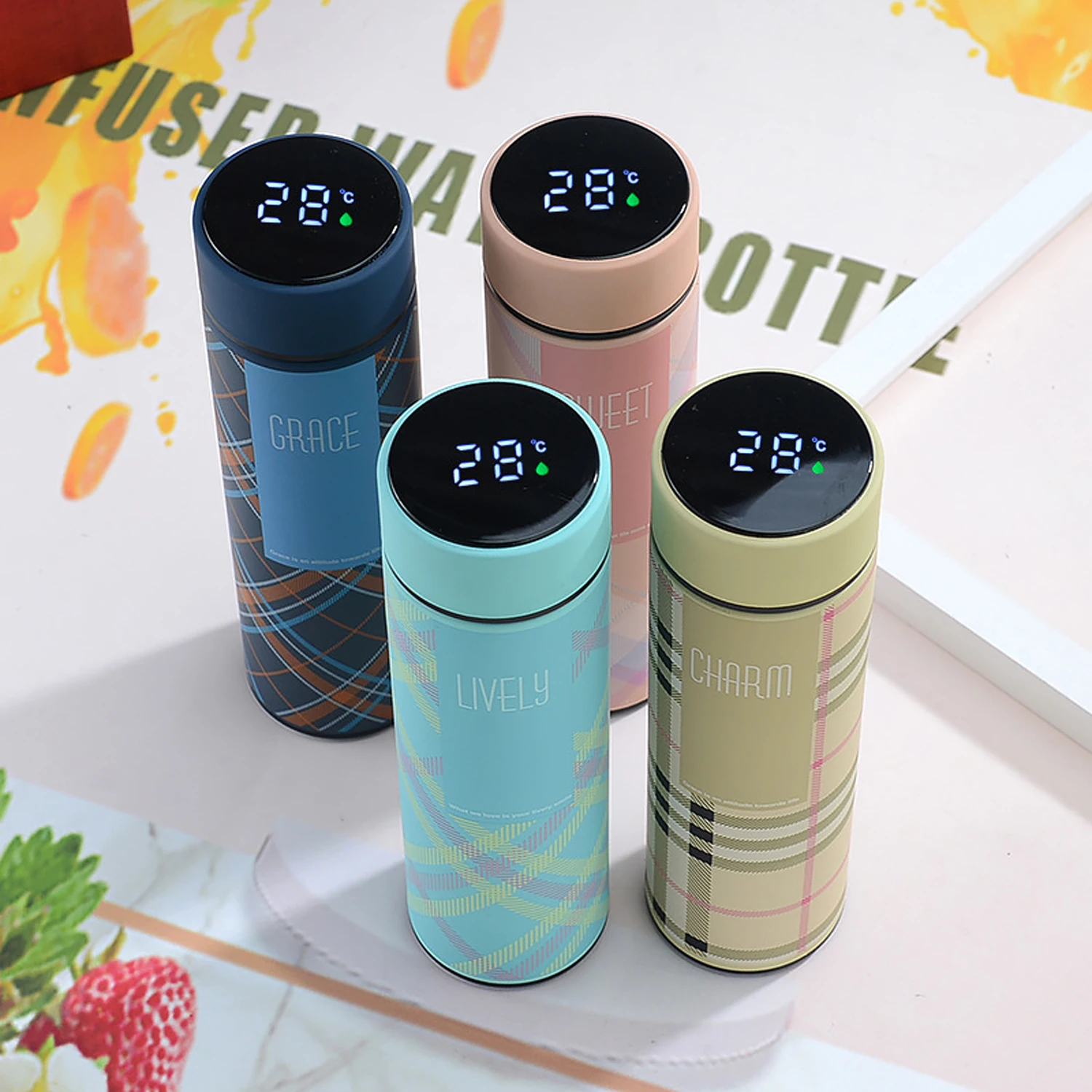 500ml Checkered Stainless Steel Creative Smart Thermos Bottle Temperature Display Thermal Mug Leak Proof Coffee Cup, Milk Cup