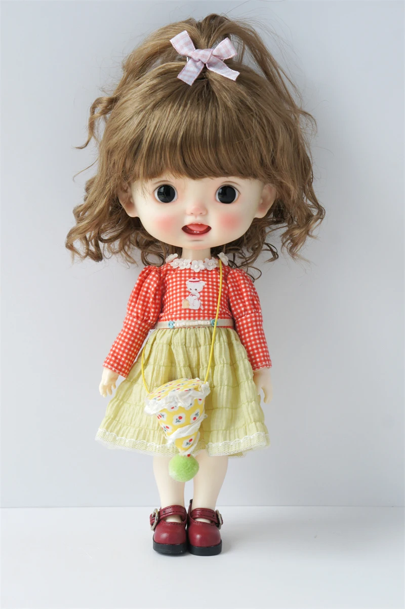 Perruque BJD de 3-4 pouces à 11-12 pouces, cheveux doux, frange complète, demi-queue de cheval, cheveux courts bouclés et ondulés, adaptés à toutes les pouces de tête