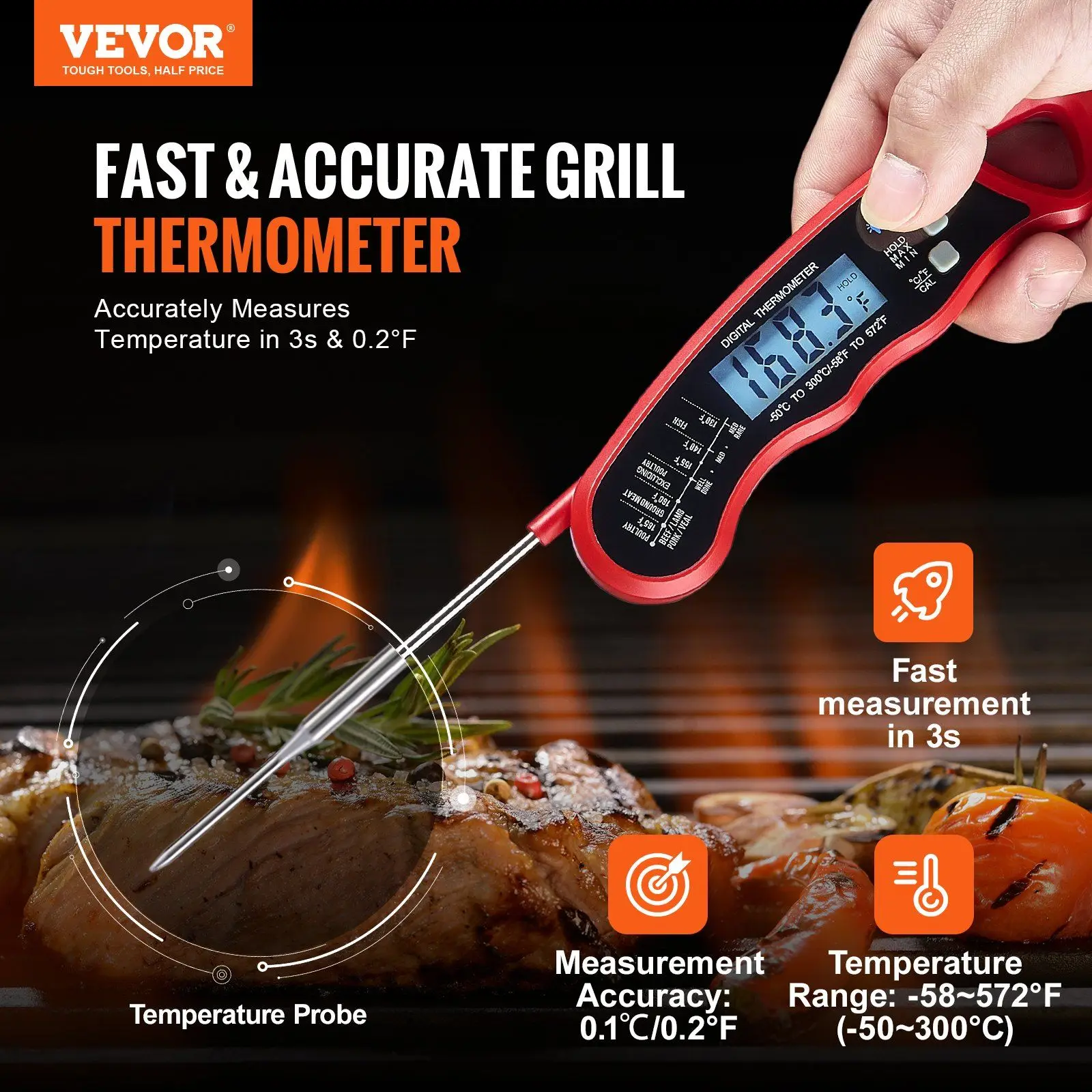 VEVOR Grillers Instant Read Meat Thermometer for Grill and Cooking, Best Waterproof Ultra Fast Thermometer with Backlight & Cali