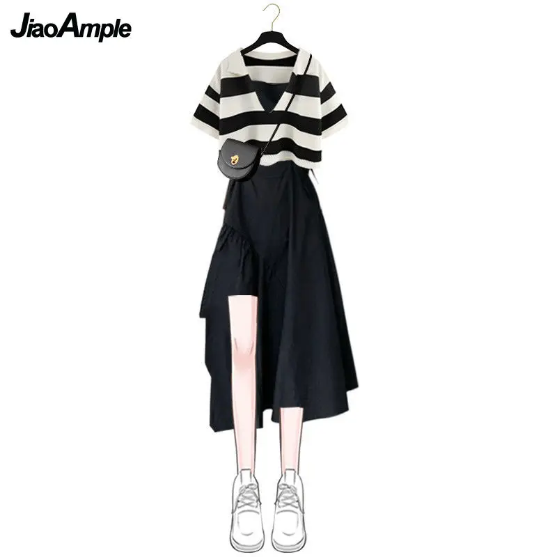 Women\'s Summer Fashion Stripe Short Sleeve Top+Strap Skirt Two Piece Korean Elegant Blouse Dress Suit 2023 New Matching Set