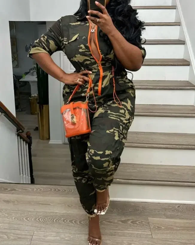 Fashion Jumpsuits for Woman 2025 Summer Camouflage Print Zipper Pocket Design Casual One Pieces Jumpsuit Streetwear Y2K Clothing