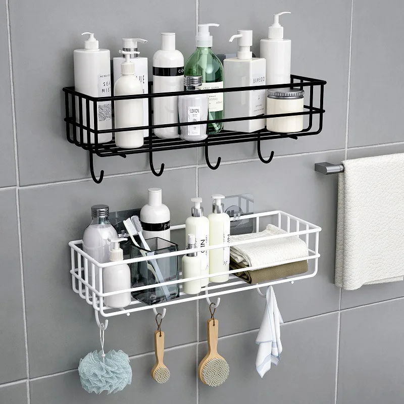 Shower Wall Shelf Punch Free Shower Shelf Black White Storage Suction Basket Storage Rack Kitchen Bathroom Accessories MJ