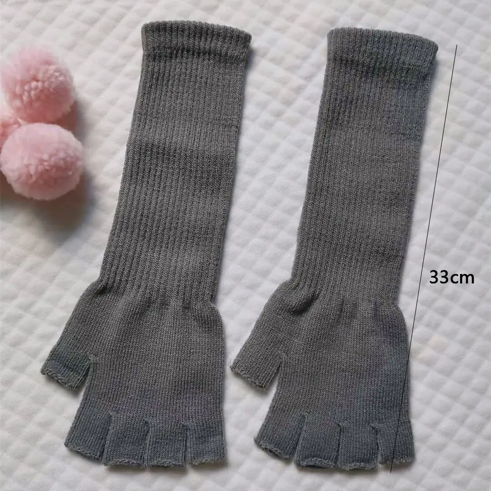 1 Pair Long Knitted Unisex Half Finger Gloves Women Girls Autumn Winter Arm Warmers Pure Black Elbow Long Warm Work Gloves