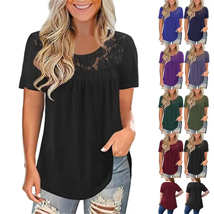 

Женская футболка размера плюс ort Sve Lace Pleated irt Commute Sle из полиэстера свободного покроя, цветная футболка для женщин