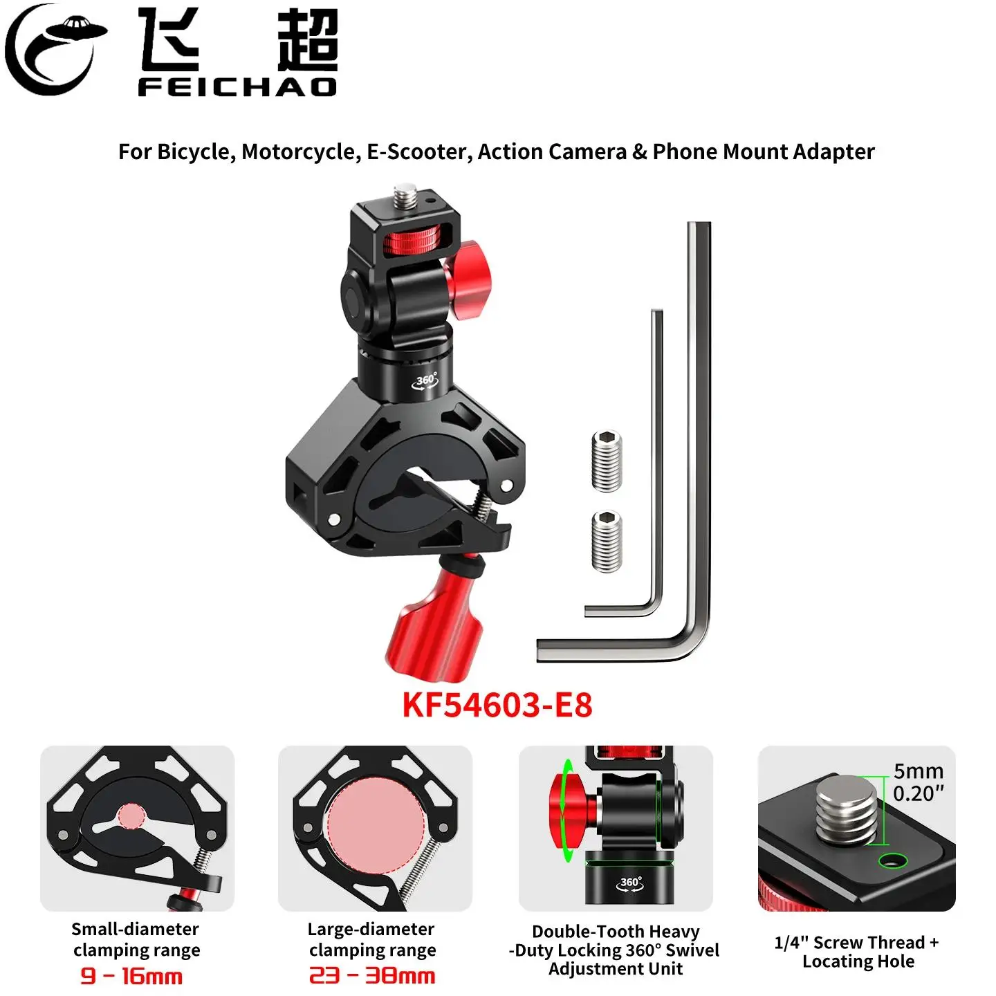 Motorcycle Bicycle Ball Head Bracket CNC Aluminum 1/4 ARRI Locating for Insta360 X6 DJI OSMO 360 Action Camera POV Riding Vlog