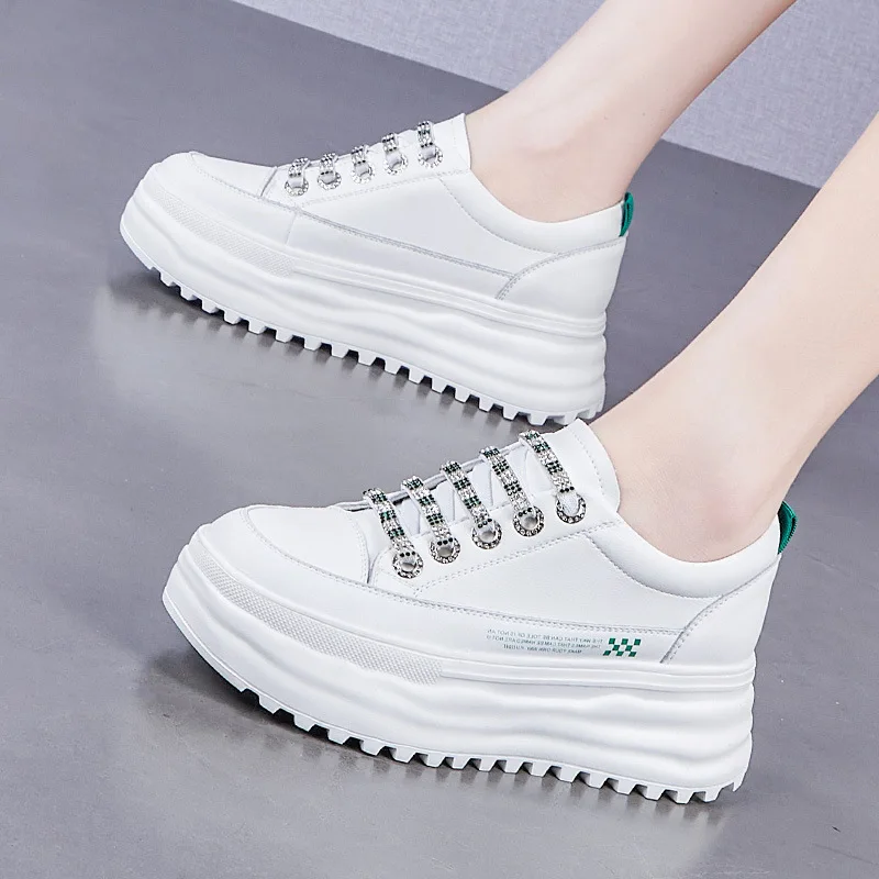 CXJYWMJL Genuine Leather Platform Sneakers Women Wedgies Casual Vulcanized Shoes Ladies Thick Bottom Court Sneaker White Lace up