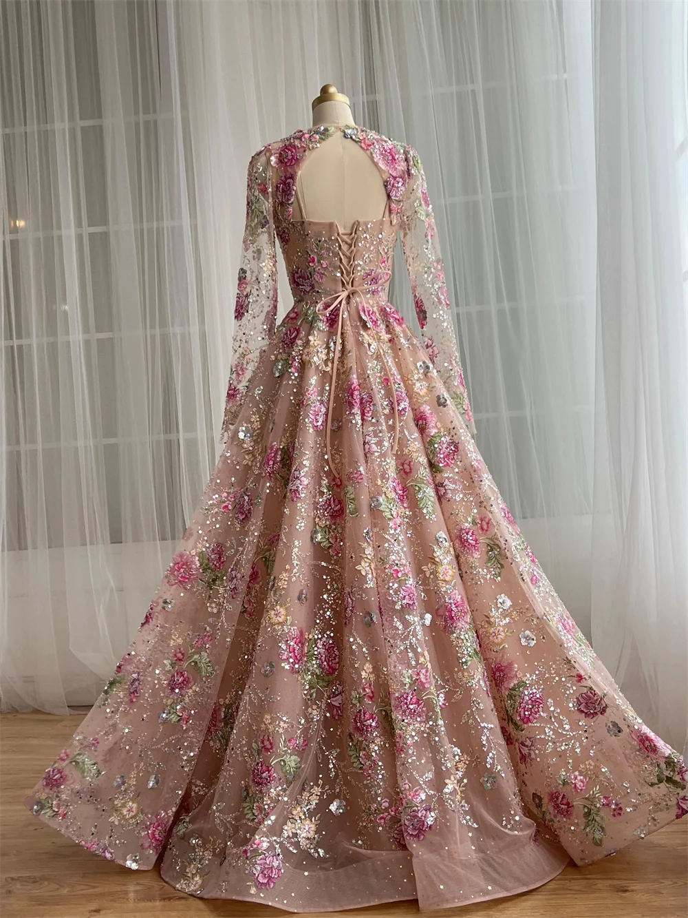 Amanda Customized Pink Floral Embroidery Ball Gown Prom Dress Sequined Long Sleeve vestidos de noche Floor-Length Formal Evening