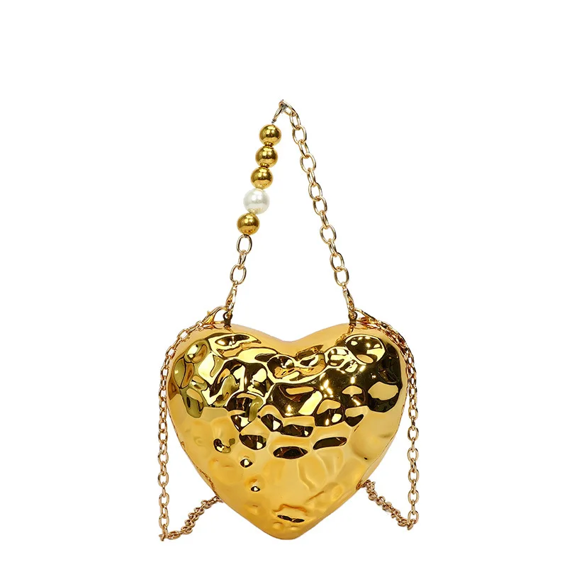 Cute Heart Shape Lipstick Bag For Women 2024 Designer Geometric Gold Evening Bag Party Purse Trend Chain Crossbody Bag Mini