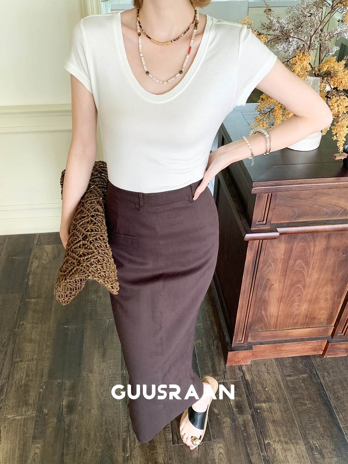 High Waist Midi A-Line Skirt Women's Slimming Split Skirt Summer Commute Ci Lacape Linen 30% Lyocell 70% Fabric