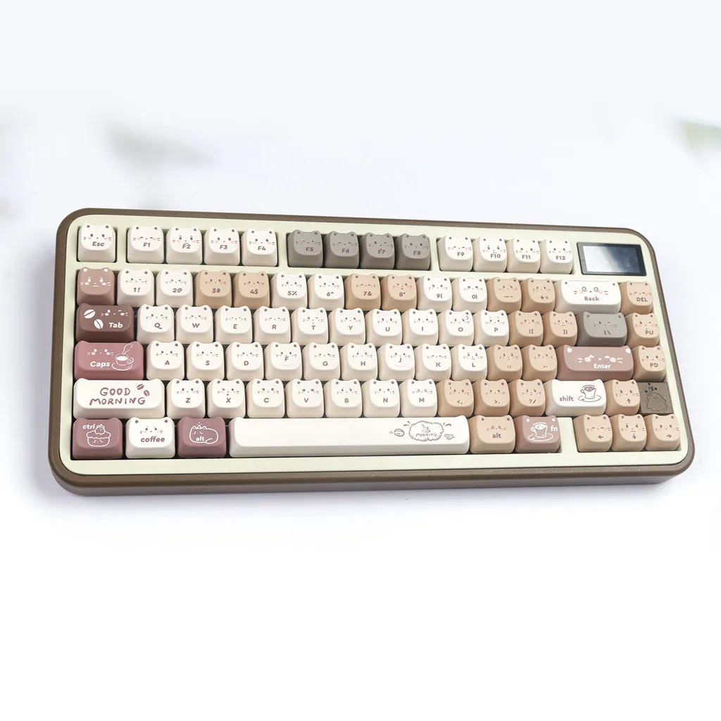 Coffee Cat Keycaps MAO Profile PBT Material DYE-SUB Cute Creative Cat Ear Keycaps 6.25u for Mechanical Keyboard
