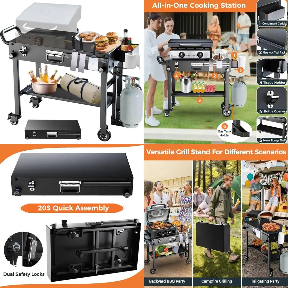 

Прочная складная подставка для гриля на открытом воздухе для грилей Blackstone, духовок Ooni и грилей ниндзя — тележка на колесиках с держателем бензобака и S