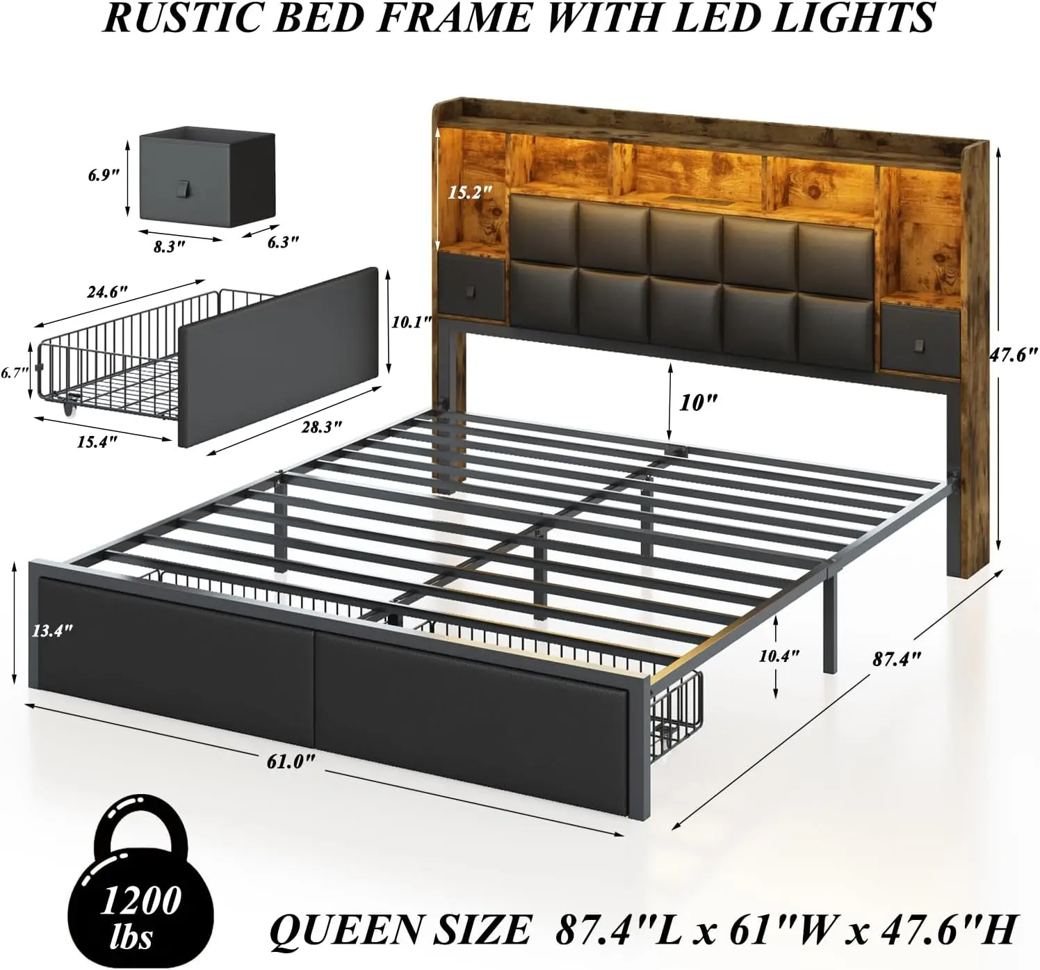 LED Bed Frame Queen Size W/ 2 Hidden Storage Drawers & Bookcase, PU Leather Headboard, Upholstered Platform Bed w/ Charging