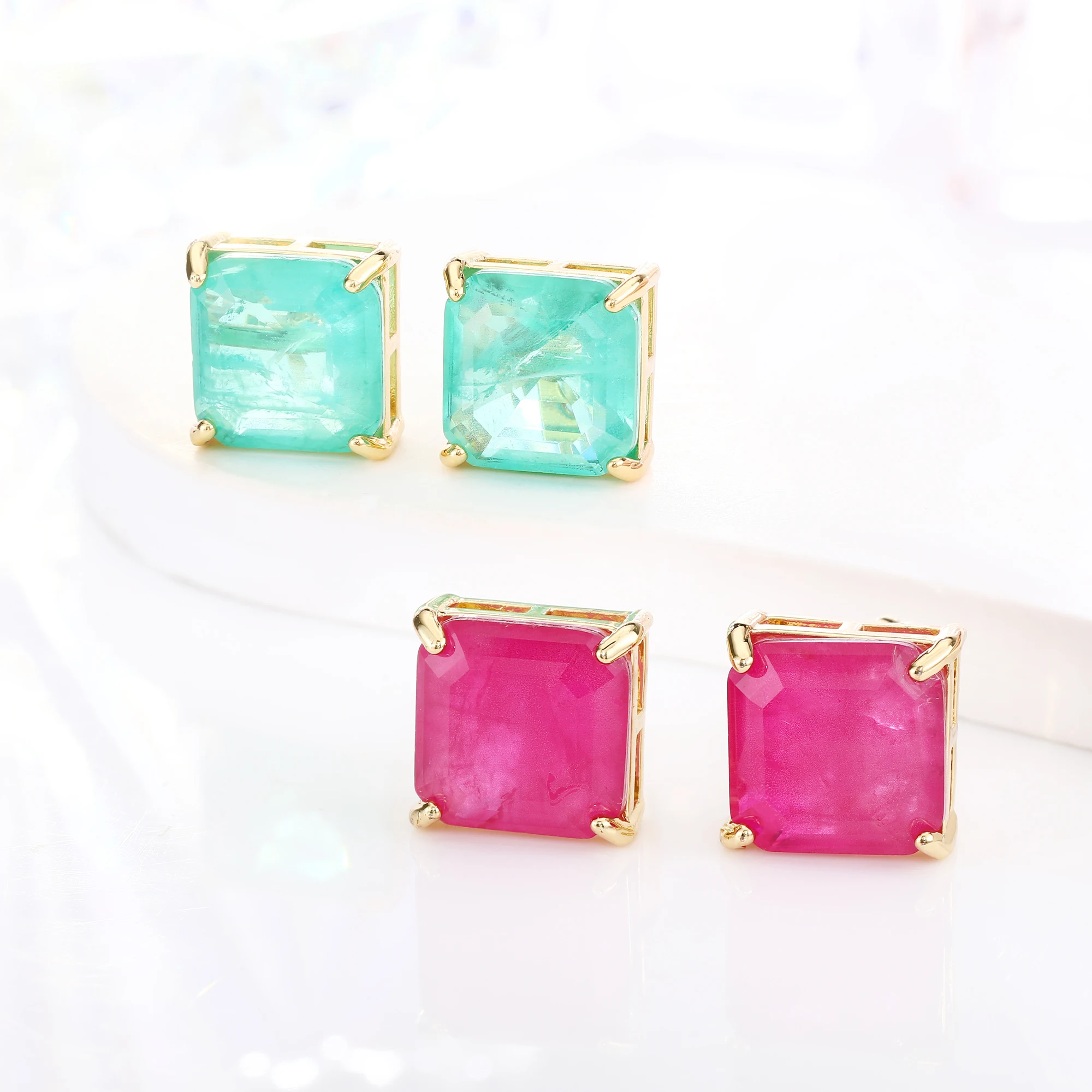 

Square Rose Pink Single Stone Simple Gold Plated Earrings