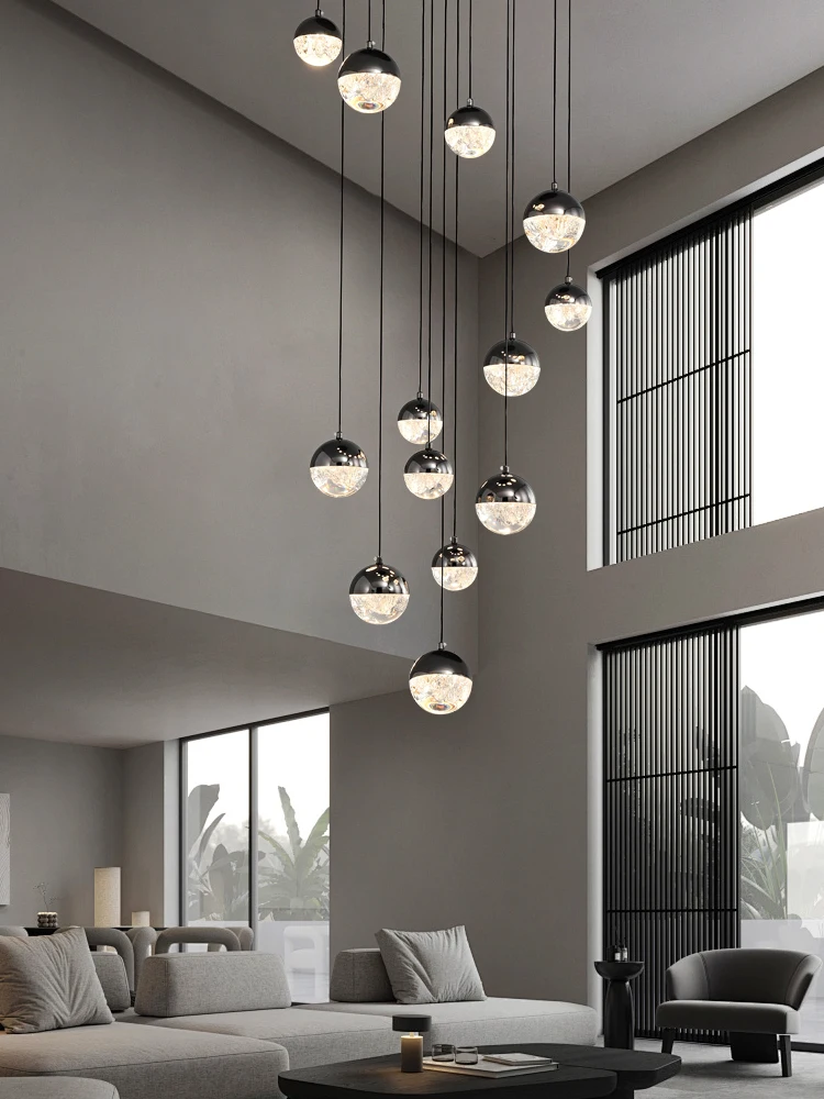 

Duplex Villas Modern Simple And Elegant Living Room High Ceiling Space Hollow Chandelier Nordic Style Staircase Chandelier