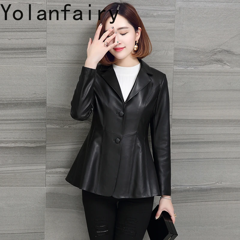 YOLANFAIRY Cappotto da abito in vera pelle di pecora moda Donna Primavera Autunno Giacca corta in vera pelle slim fit Donna Stile coreano