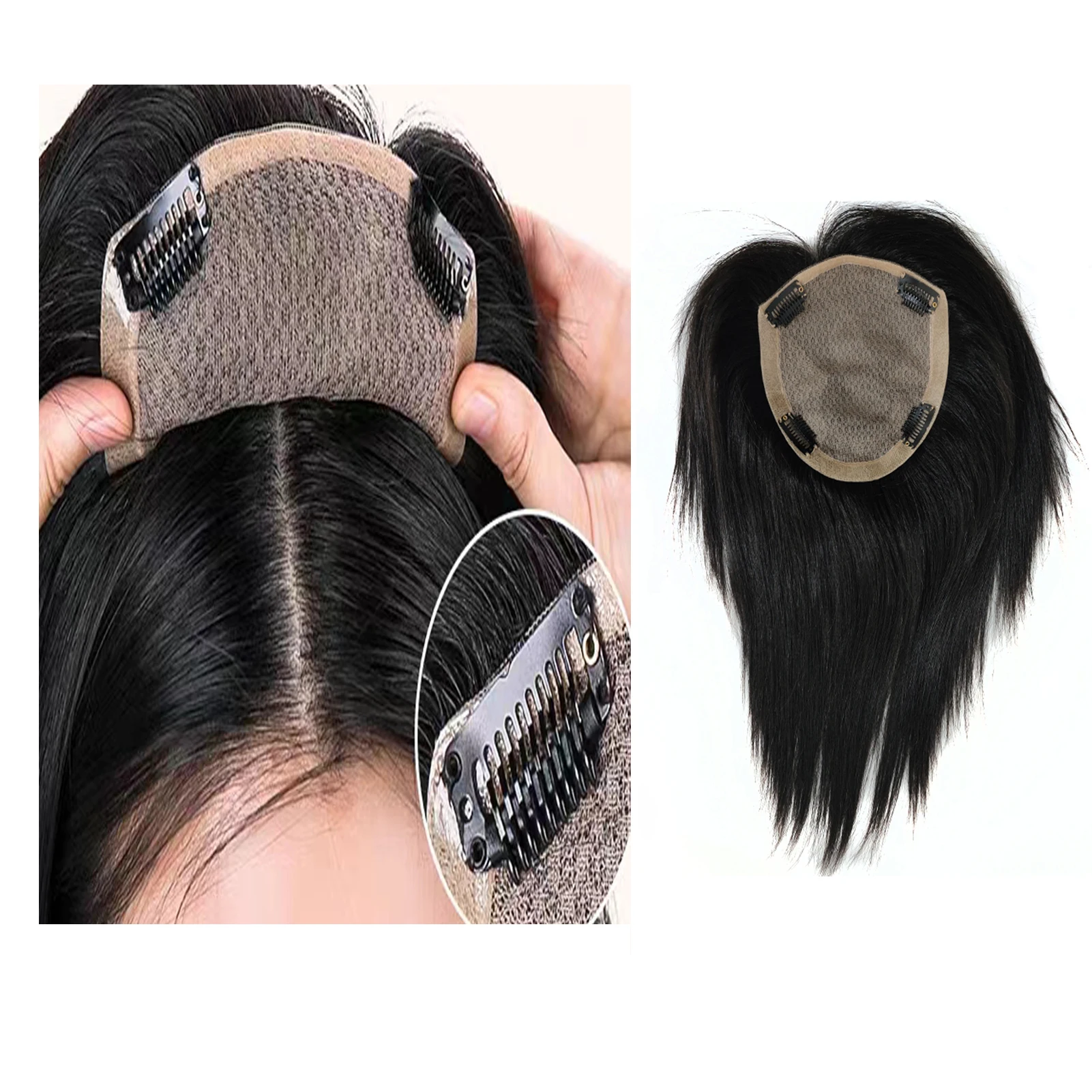 Clip in Silk Base Hair Topper For Women Top hairpieces Natural color straight 100% Human Hair