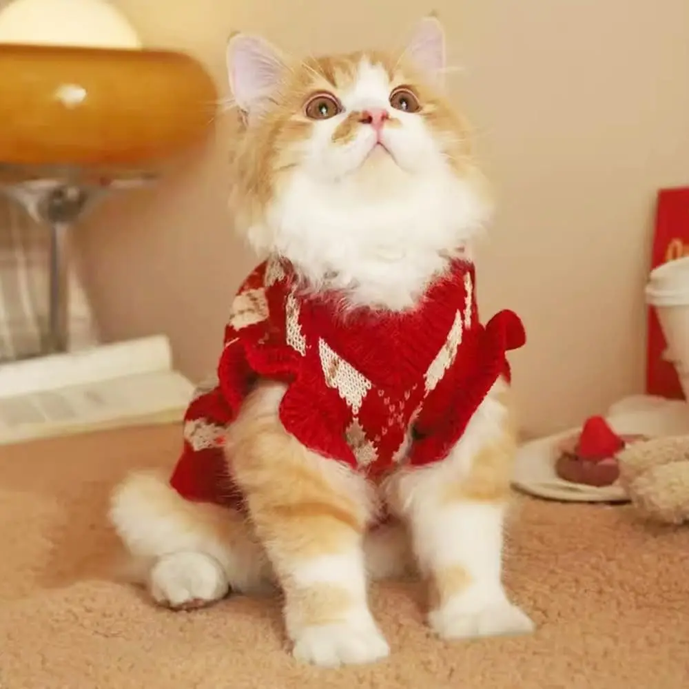 

Pet Gift Lovely Pet Cherry Sweater Adjustable Thickened Cute Puppy Clothes Plaid Pattern Warm Dog Christmas Clothes Pet Supplies