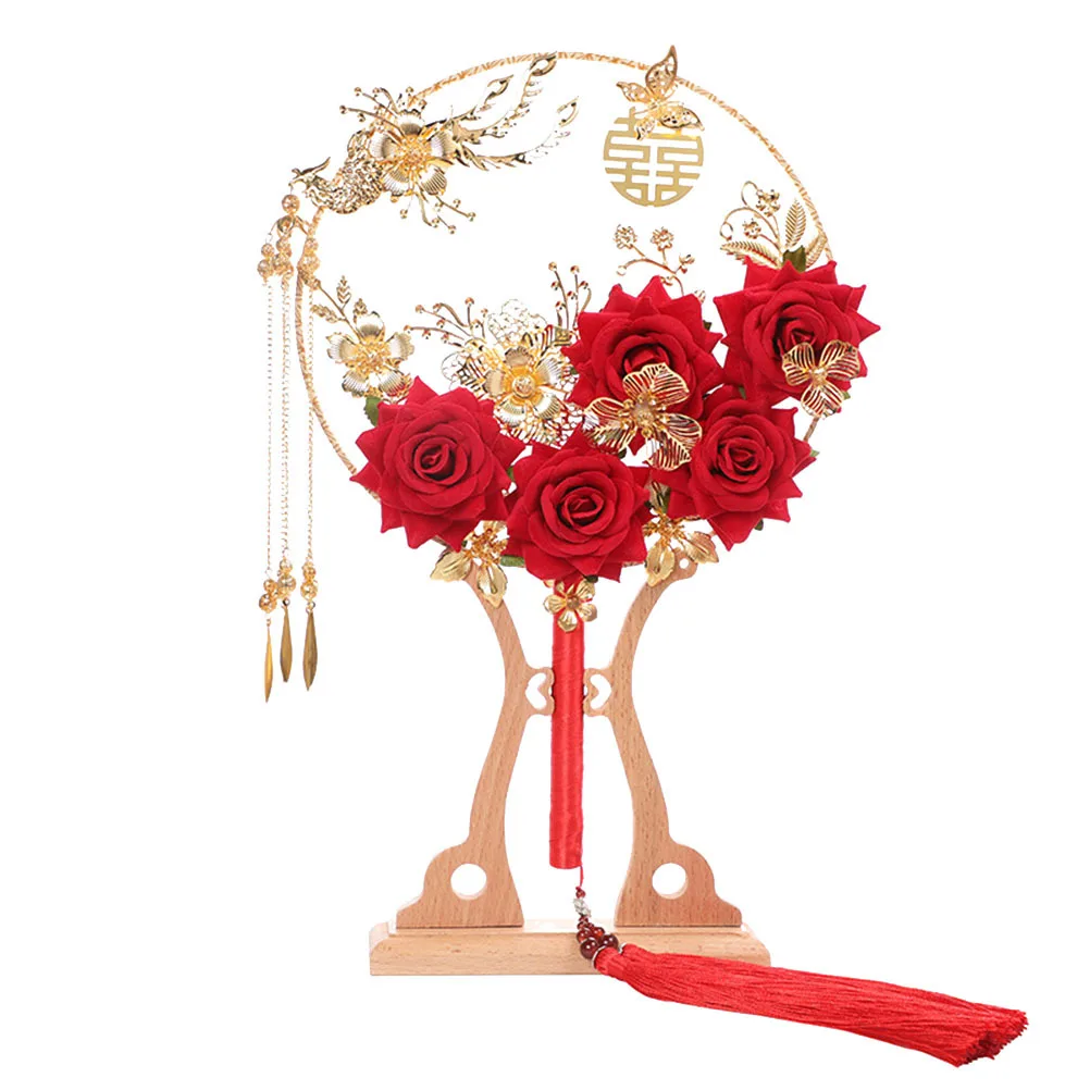 

Delicate Rose Flower Alloy Hand Fan Vintage Round Shape Tassel Chinese Style Bridal Wedding Fan Floral Decoration Gift