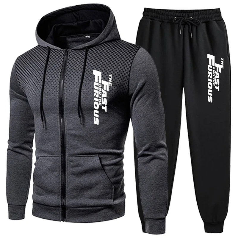 2025 New autumn and winter men's casual sportswear set, windproof and warm men's hooded jacket and trousers 2-piece set